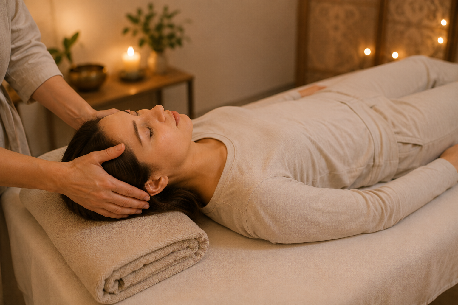 Nő relaxáló masszázs közben, a metamorf masszázs(metamorf érintés) illusztrációja